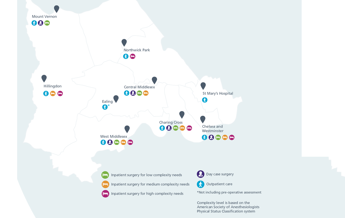 North west London map illustrating existing provision of orthopaedic services